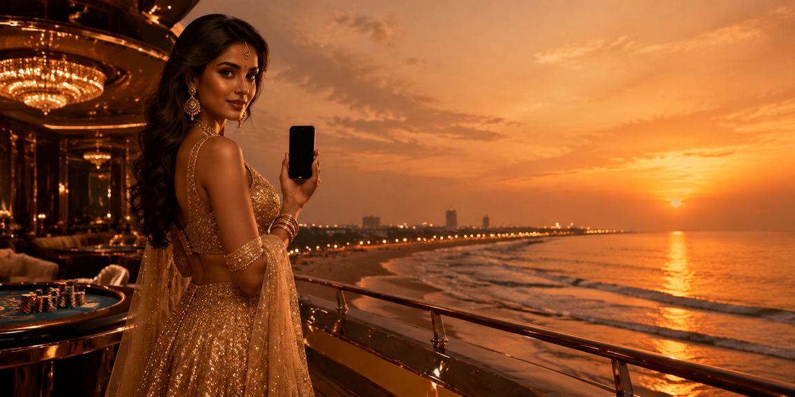 User enjoying casino games on mobile at Chennai Marina Beach